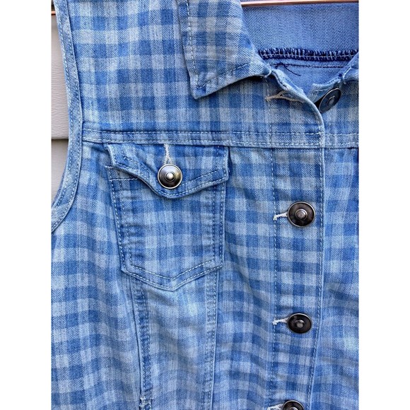 Baccini Denim Vest Womens Large Blue Checkered Button Front - Picture 2 of 8